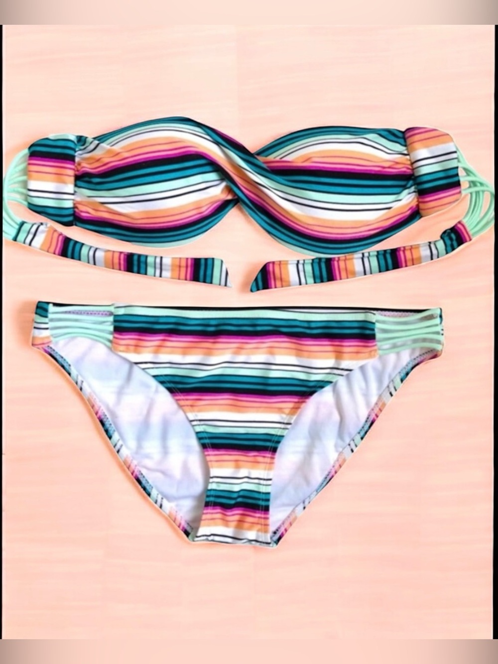 Hot Water Swim Stripped Multicolored Bandeau Bikini Set Women’s Size L
